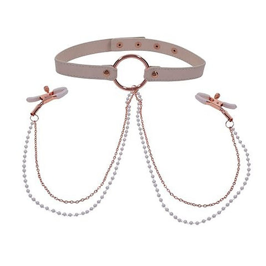 Sportsheets Sex & Mischief Peaches N CreaMe Collar With Nipple Clamps