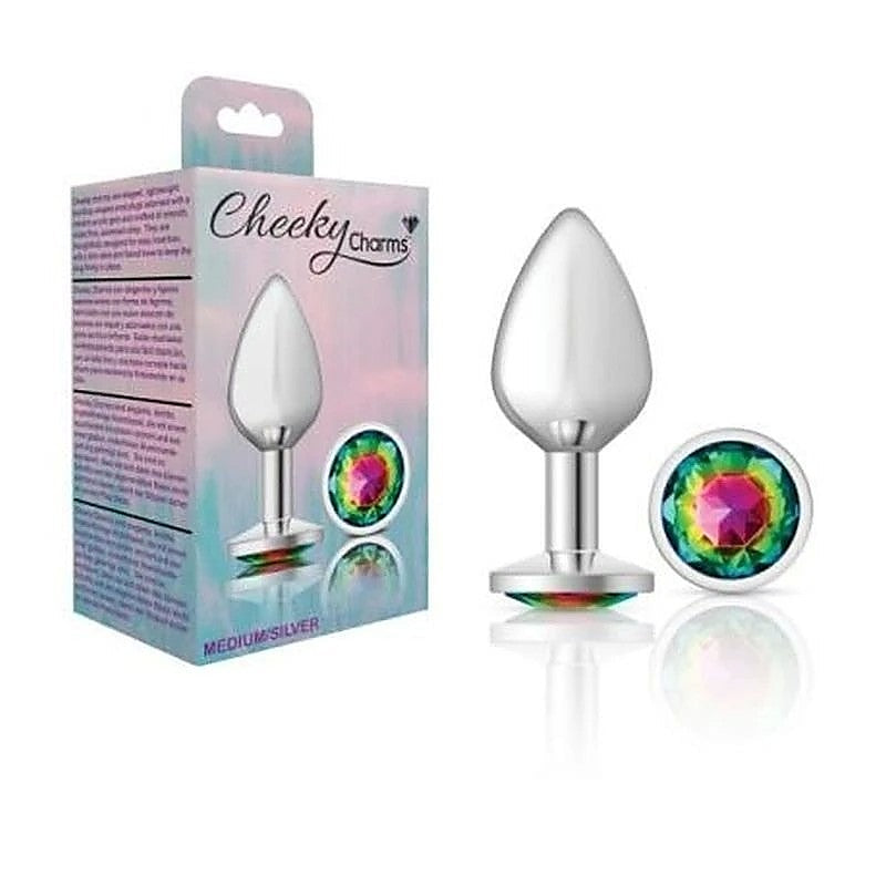 Cheeky Charms Silver Round Butt Plug with Rainbow Jewel - Butt Plugs