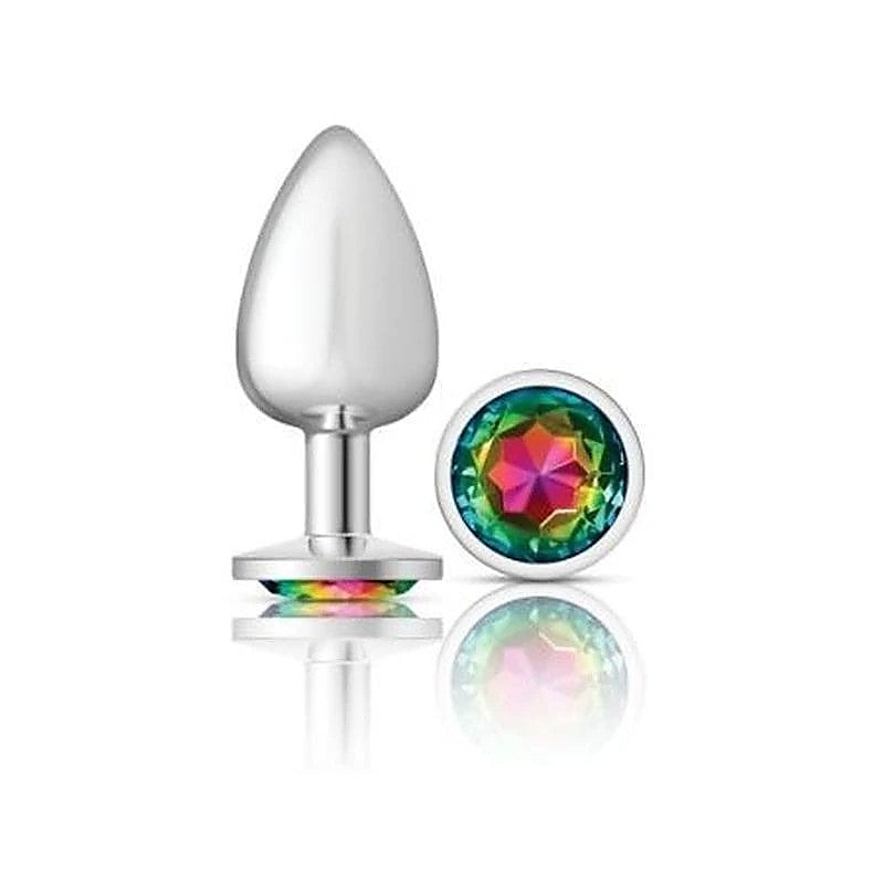 Cheeky Charms Silver Round Butt Plug with Rainbow Jewel - Butt Plugs