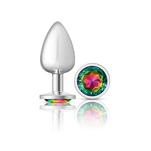 Cheeky Charms Silver Round Butt Plug with Rainbow Jewel - Butt Plugs