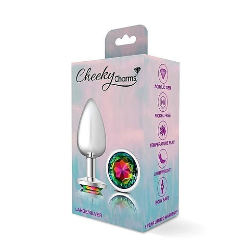 Cheeky Charms Silver Round Butt Plug with Rainbow Jewel - Butt Plugs