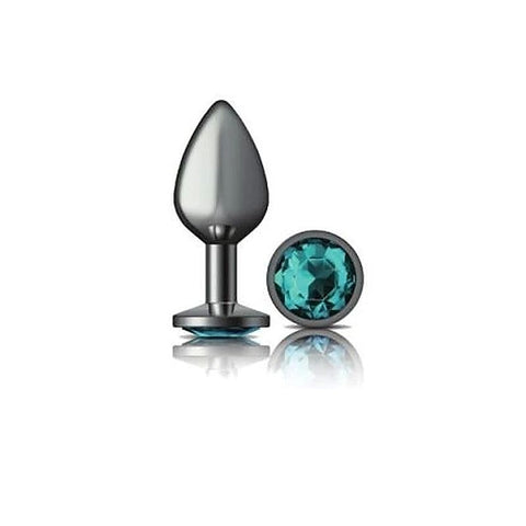 Cheeky Charms Gunmetal Round Butt Plug With Teal Jewel - Butt Plugs