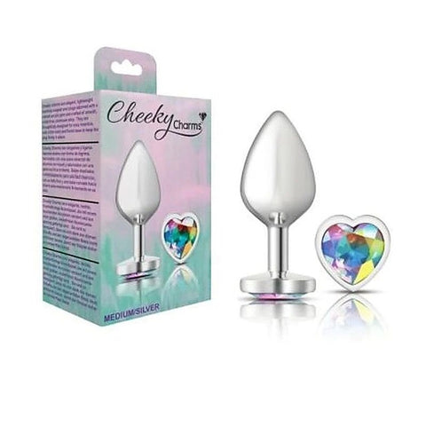 Cheeky Charms Silver Metal Anal Plug With Heart Clear Jewel - Butt Plugs
