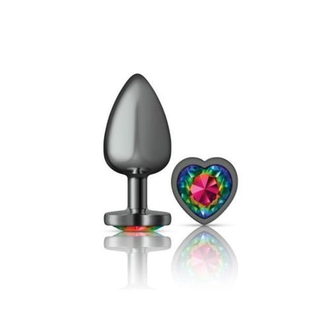 Cheeky Charms Gunmetal Butt Plug w/ Heart Jewel Rainbow - Butt Plugs