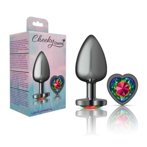 Cheeky Charms Gunmetal Butt Plug w/ Heart Jewel Rainbow - Butt Plugs