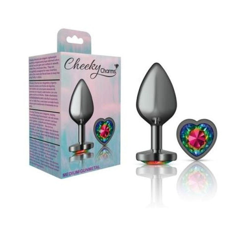 Cheeky Charms Gunmetal Butt Plug w/ Heart Jewel Rainbow - Butt Plugs
