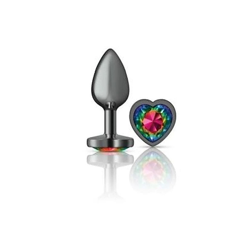 Cheeky Charms Gunmetal Butt Plug With Heart Rainbow Jewel - Butt Plugs