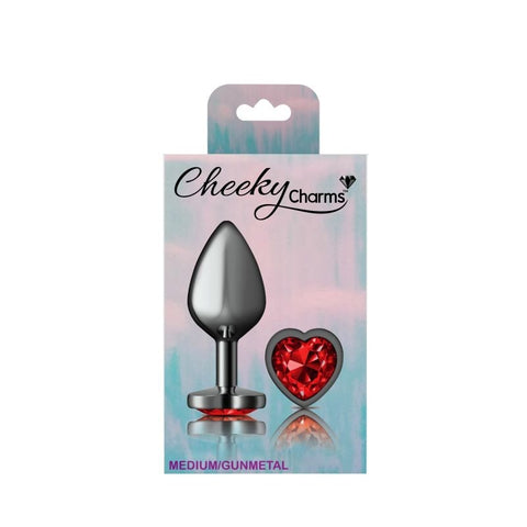 Cheeky Charms Gunmetal Butt Plug w/ Heart Jewel Red - Butt Plugs