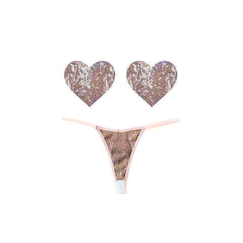 Bubbly Feels Nude Sequin Pantie & Heart Shapes Pastie Set - G-Strings, Panties and Shorts