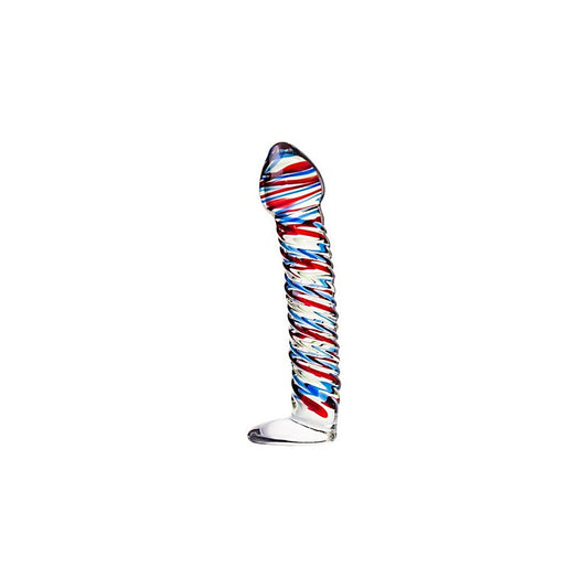 Sexus Glass Dildo Stripes With Base 16cm Blue & Red - Glass Sex Toys