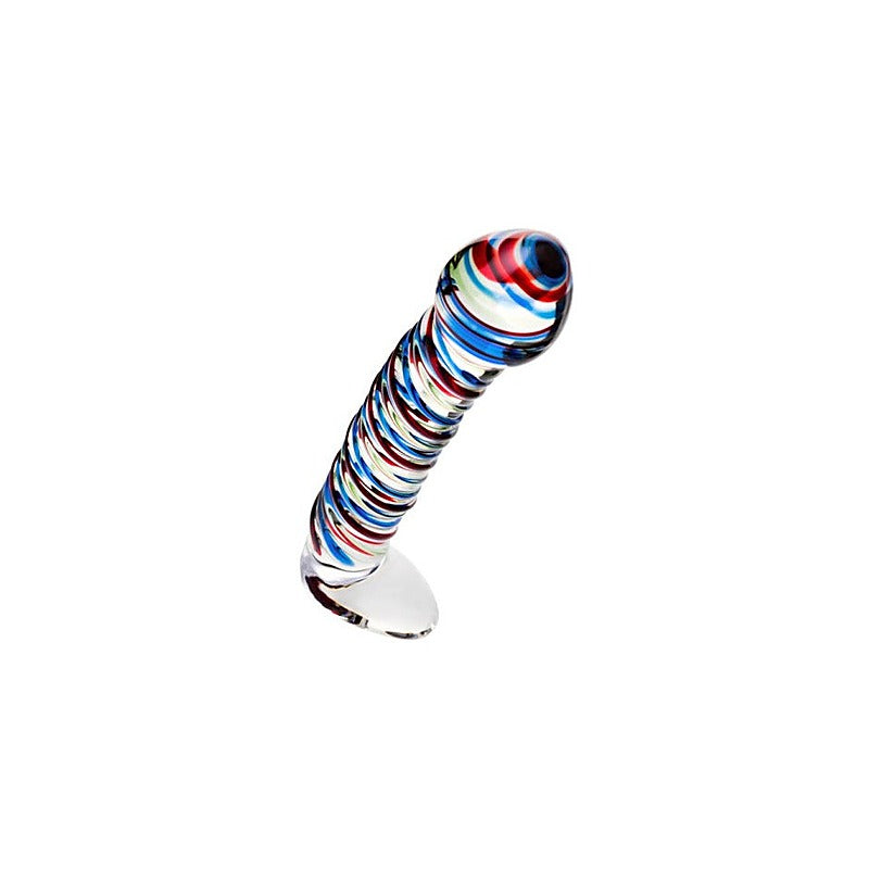 Sexus Glass Dildo Stripes With Base 16cm Blue & Red - Glass Sex Toys