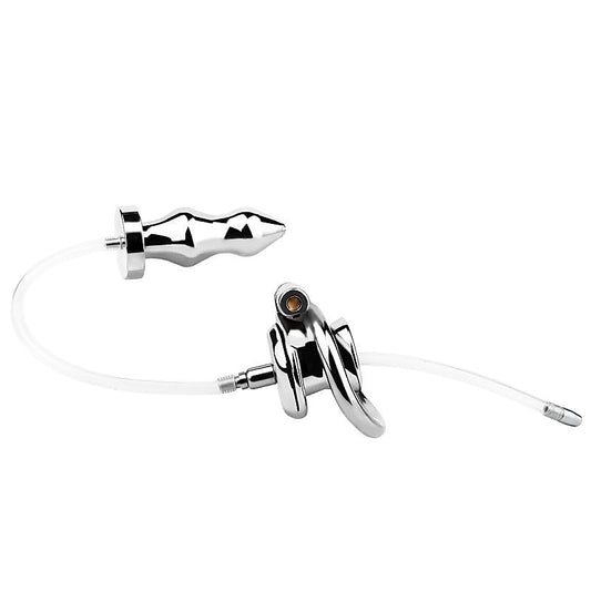 BDStyle Stainless Steel Male Chastity Cage With Enema Butt Plug Medium - Male Chastity