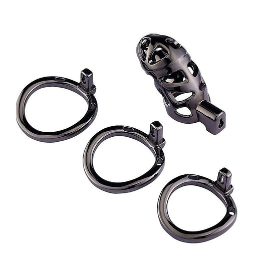 BDStyle Black Mens Chastity Cage Locked with 3 Active Sizes Rings - Male Chastity