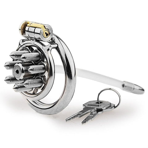 Spikes Flat Chastity Cock Cage With Urethral Sound - Male Chastity
