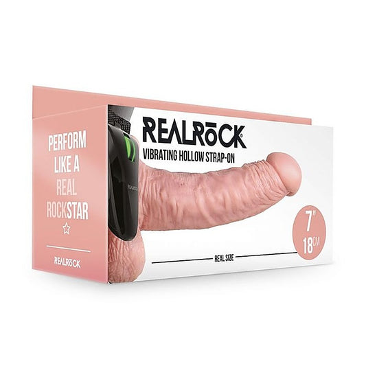 Shots REALROCK Vibrating Hollow Strapon Dildo & Balls 18cm Flesh - Strap On Sextoys