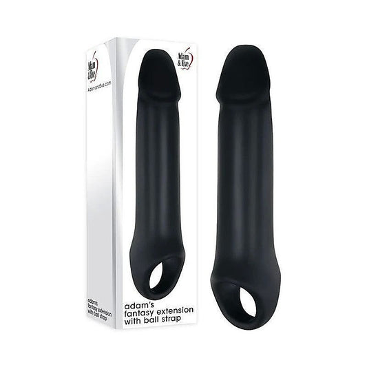 Adam And Eve Adams Fantasy Penis Extension Sleeve With Ball Strap Black - Penis Sleeves and Extenders
