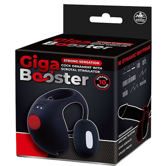 Giga Booster Rechargeable Cock Ornament with Scrotal Stimulator Black - Vibrating Cock Rings