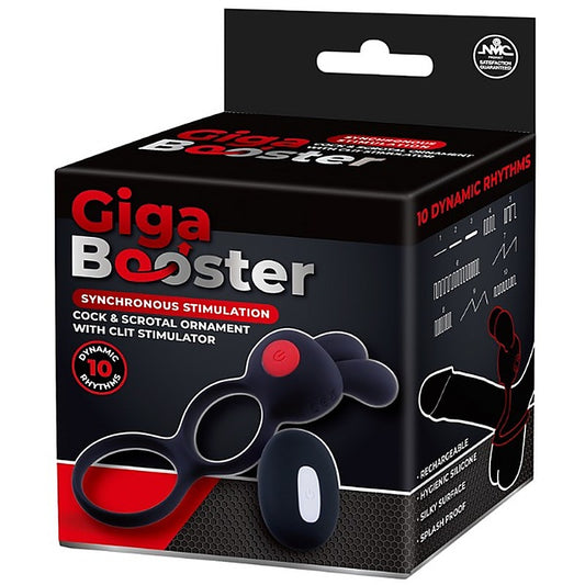 Giga Booster Cock & Scrotal Ornament With Clit Stimulator Black - Vibrating Cock Rings