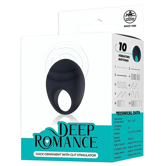 Deep Romance 10 Function Cock Ornament With Clit Stimulator Black - Vibrating Cock Rings
