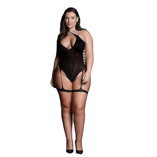 Le Desir Shade Metis XVI Womens Bodysuit with Garters and Crossed Neckline Black - Teddies and Bodysuits