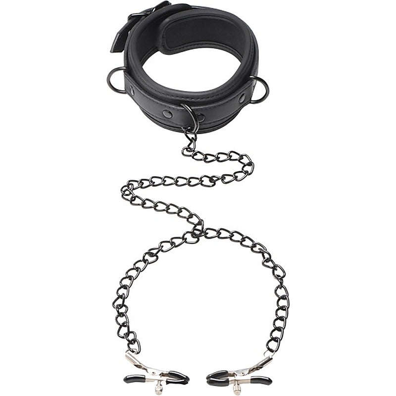 Master Series Collared Temptress Collar With Nipple Clamps - Nipple and Clit Clamps