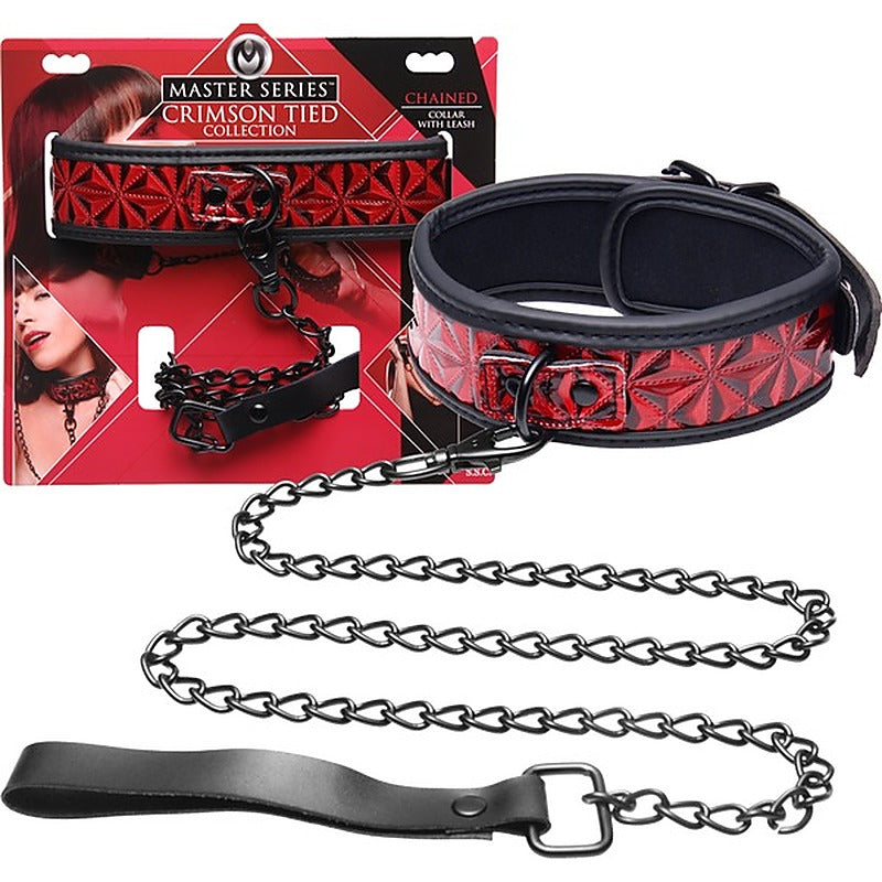 Master Series Crimson Tied Bondage Collar With Leash - Collars and Leads