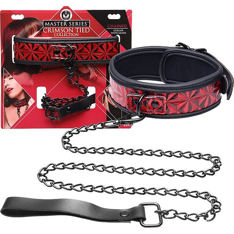Master Series Crimson Tied Bondage Collar With Leash - Collars and Leads