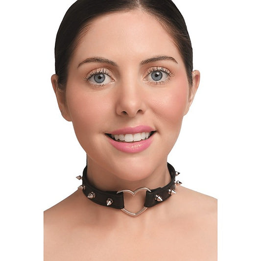 Master Series Spiked Heart Bondage Choker Black - Collars and Leads