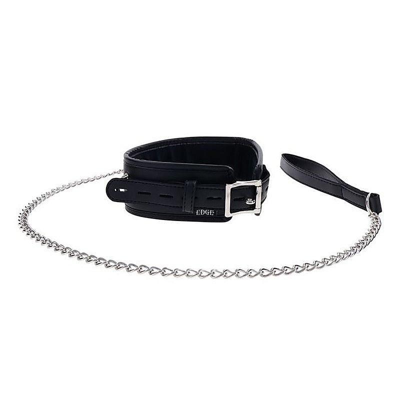 EDGE Black Neck Restraint with Metal Leash by Sportsheets - Collars and Leads