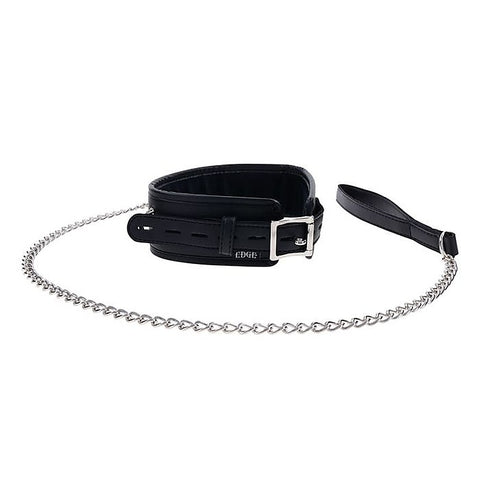 EDGE Black Neck Restraint with Metal Leash by Sportsheets - Collars and Leads