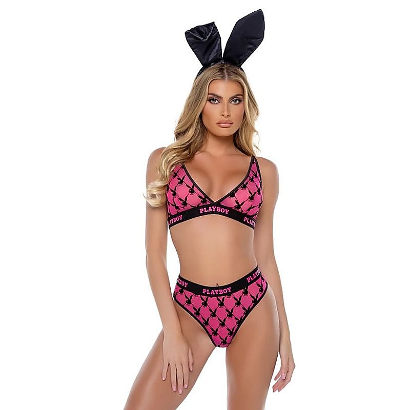 Flocked Bunny 2 Piece Sexy Lingerie Set by Playboy - Bras and Bra Sets