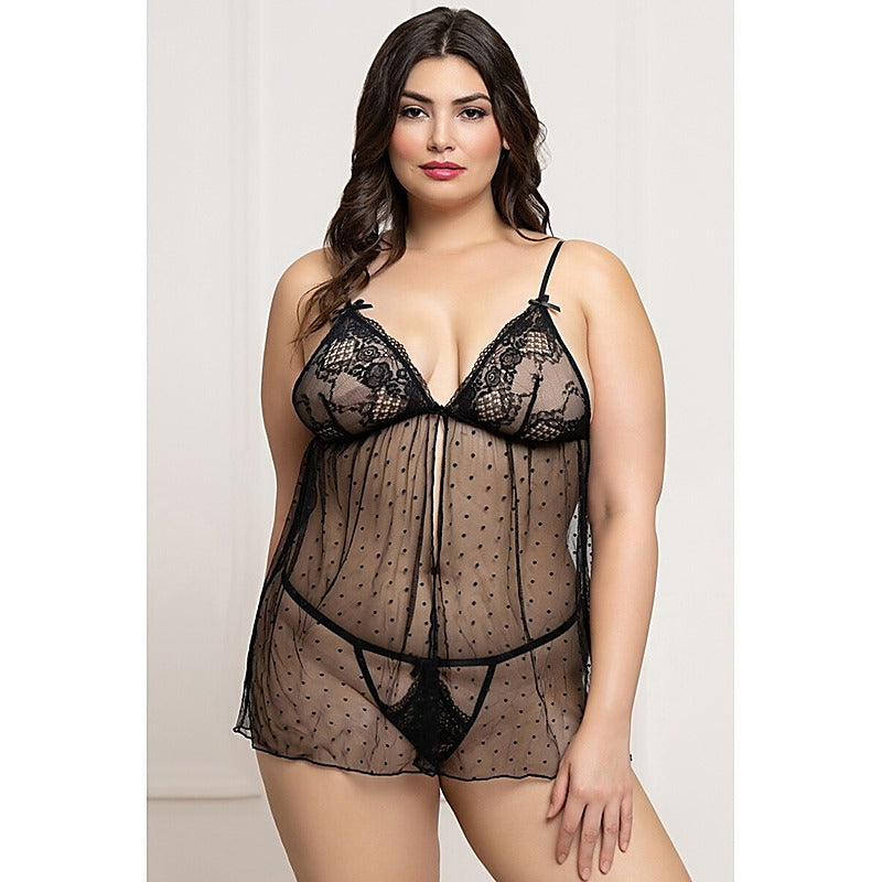 Seven 'til Midnight 2 Piece Lace and Dot Mesh Babydoll Set - BabyDolls And Chemises