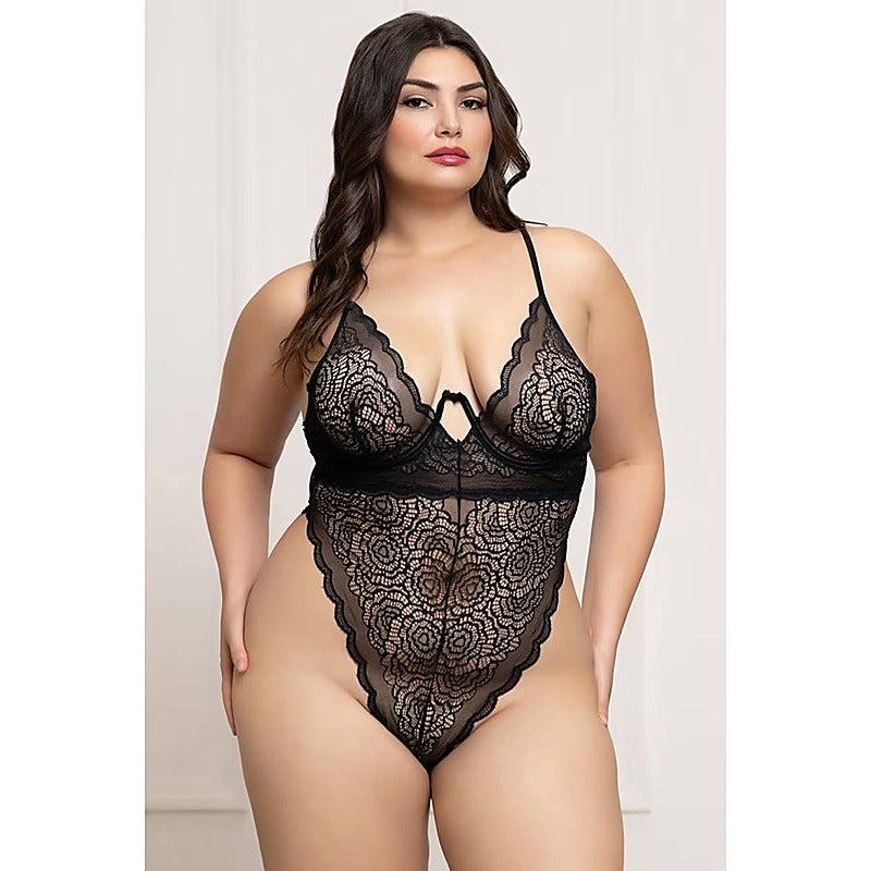 Seven 'til Midnight Floral Lace Womens Teddy Black - Teddies and Bodysuits