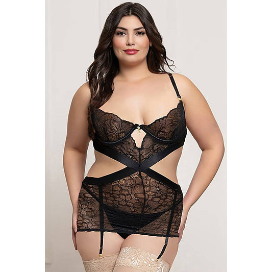 Seven 'til Midnight 2 Piece Lace and Satin Chemise Set Black