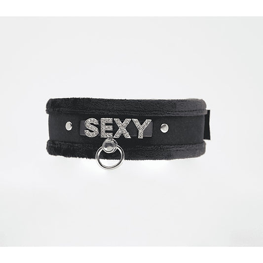 Love In Leather Diamante Sexy Fluffy Bondage Collar - Collars and Leads