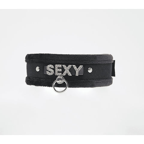 Diamante Sexy Fluffy Bondage Collar by Love In Leather - Collars and Leads