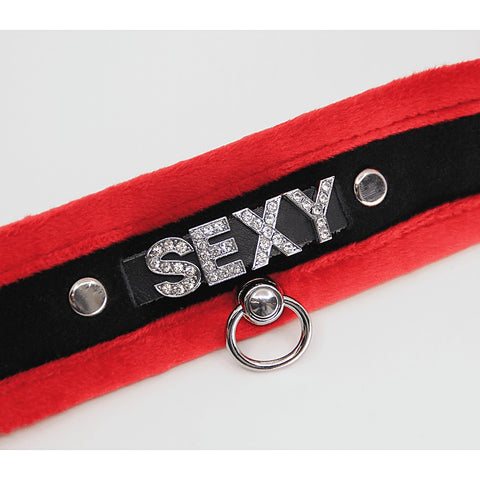 Diamante Sexy Fluffy Bondage Collar by Love In Leather - Collars and Leads