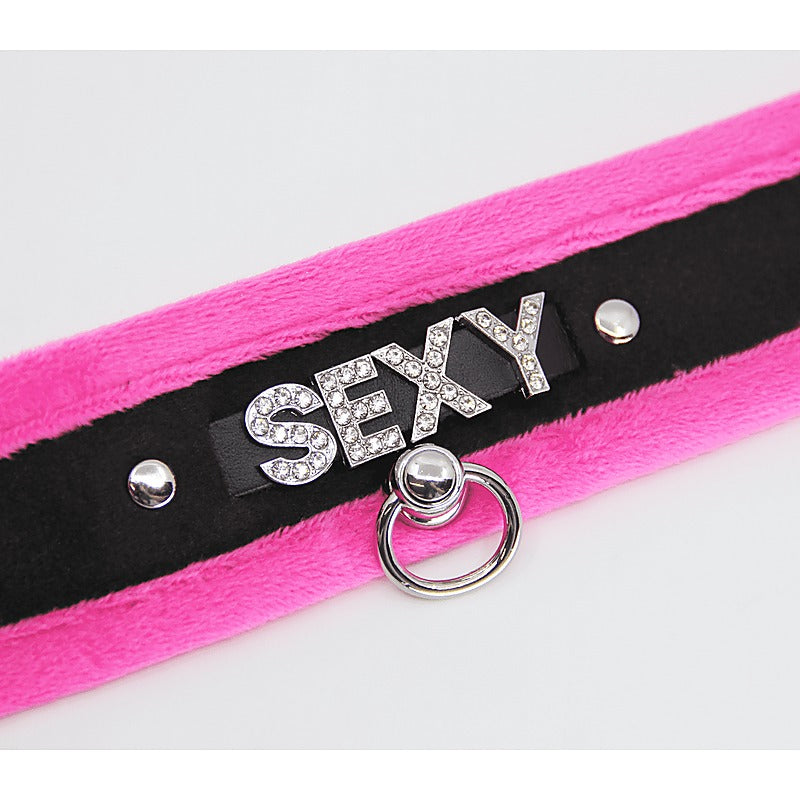 Diamante Sexy Fluffy Bondage Collar by Love In Leather - Collars and Leads