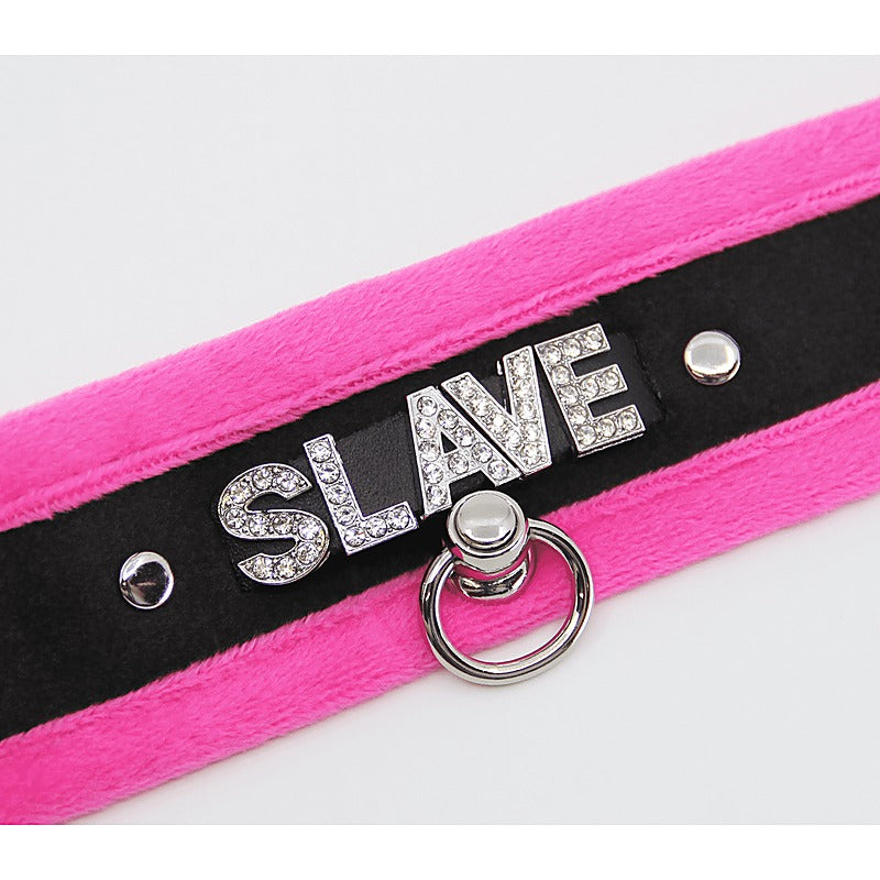 Diamante Slave Fluffy Fetish Collar by Love In Leather - Collars and Leads