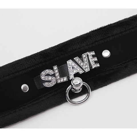 Diamante Slave Fluffy Fetish Collar by Love In Leather - Collars and Leads
