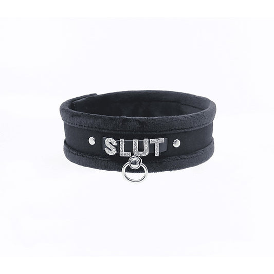 Love In Leather Diamante Slut Fluffy Fetish Collar - Collars and Leads