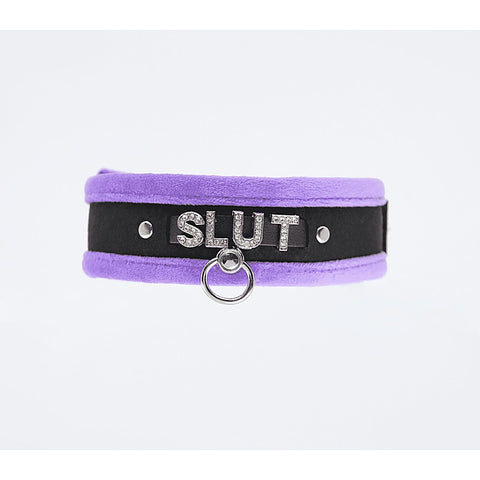 Diamante Slut Fluffy Fetish Collar by Love In Leather - Collars and Leads