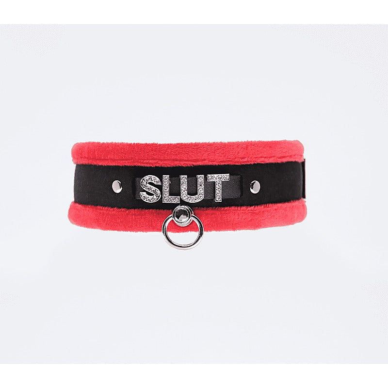 Diamante Slut Fluffy Fetish Collar by Love In Leather - Collars and Leads
