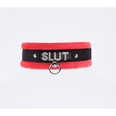 Diamante Slut Fluffy Fetish Collar by Love In Leather - Collars and Leads