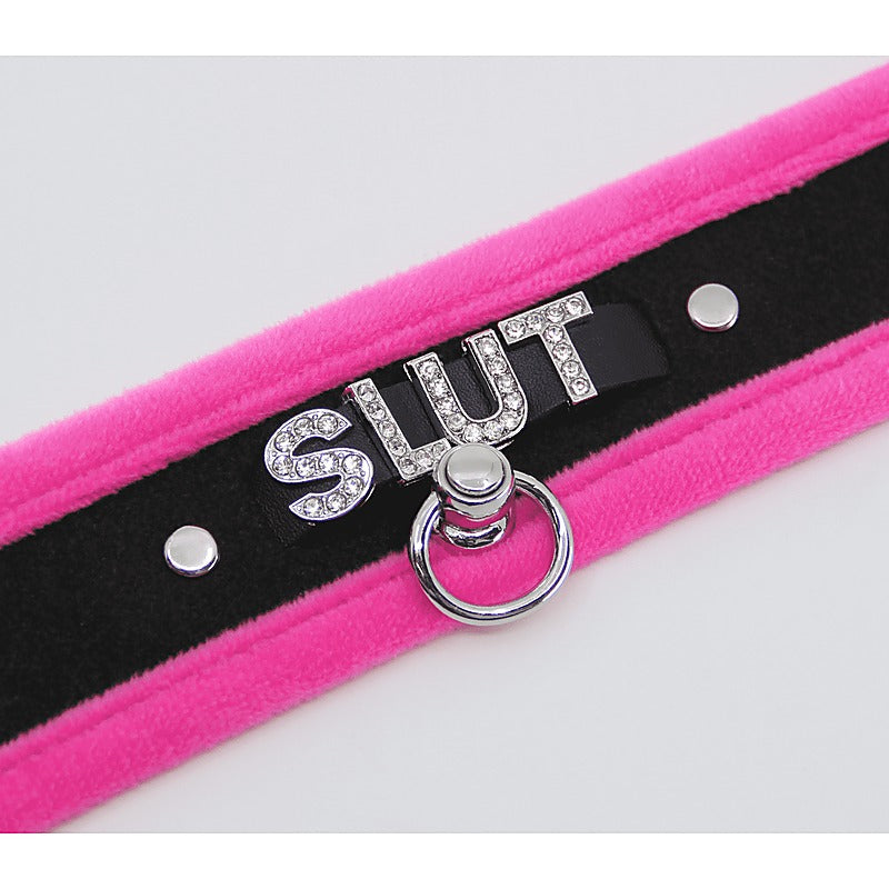Diamante Slut Fluffy Fetish Collar by Love In Leather - Collars and Leads