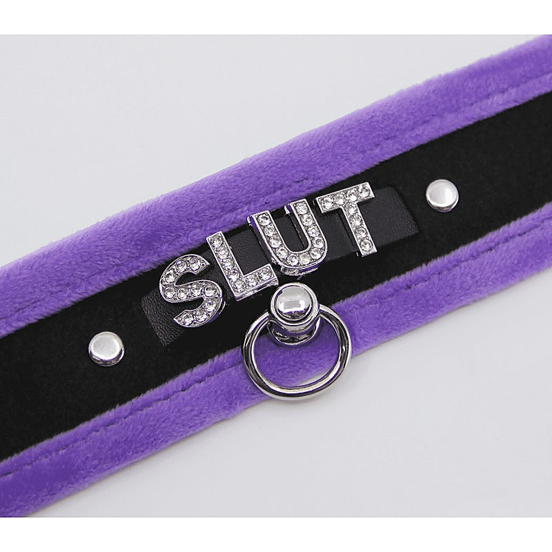 Diamante Slut Fluffy Fetish Collar by Love In Leather - Collars and Leads