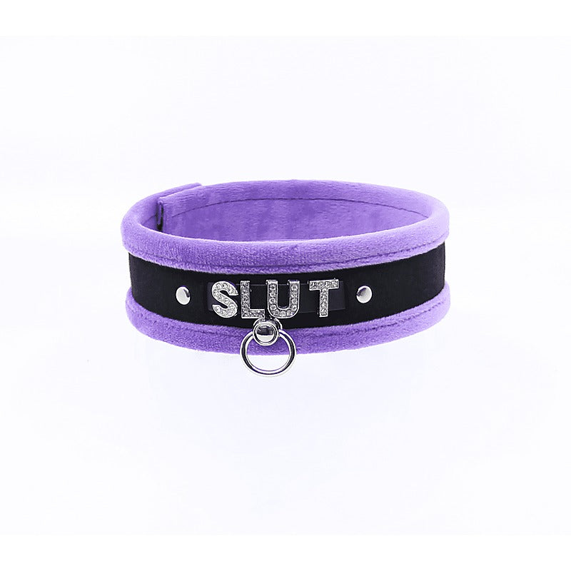 Diamante Slut Fluffy Fetish Collar by Love In Leather - Collars and Leads