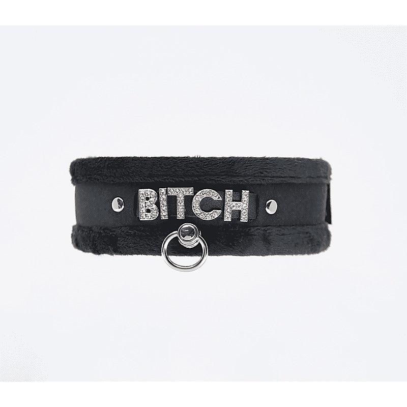 Diamante Bitch Fluffy Bondage Collar by Love In Leather - Collars and Leads
