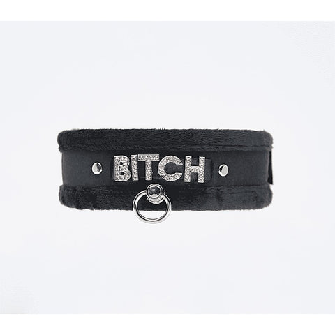Diamante Bitch Fluffy Bondage Collar by Love In Leather - Collars and Leads
