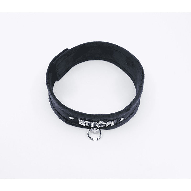 Diamante Bitch Fluffy Bondage Collar by Love In Leather - Collars and Leads